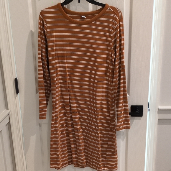 Old Navy Dresses & Skirts - Old Navy Tan And White Striped Long Sleeve T-shirt Dress Size Large